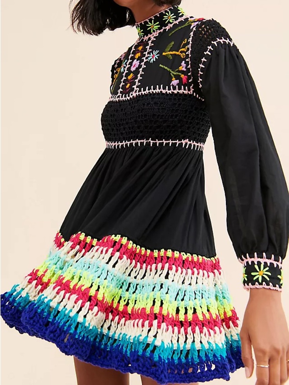 CeliaB Black Mini Dress with Multicolor Crochet Fringe